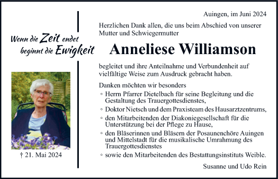 Traueranzeige von Anneliese Williamson von Alb-Bote/Metzinger-Uracher Volksblatt