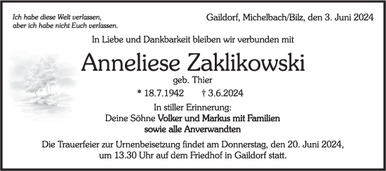 Traueranzeige von Anneliese Zaklikowski von Rundschau Gaildorf/Haller Tagblatt