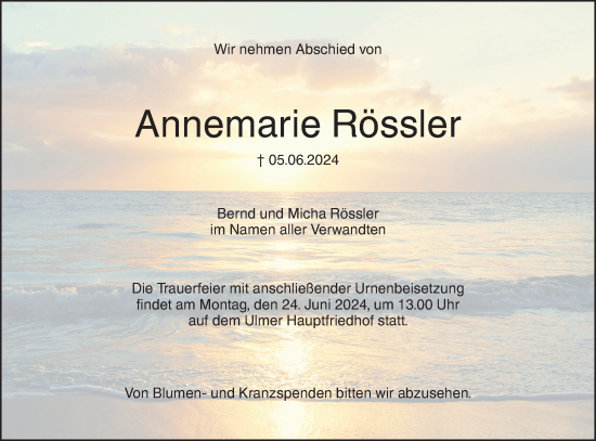 Traueranzeige von Annemarie Rössler von SÜDWEST PRESSE Ausgabe Ulm/Neu-Ulm
