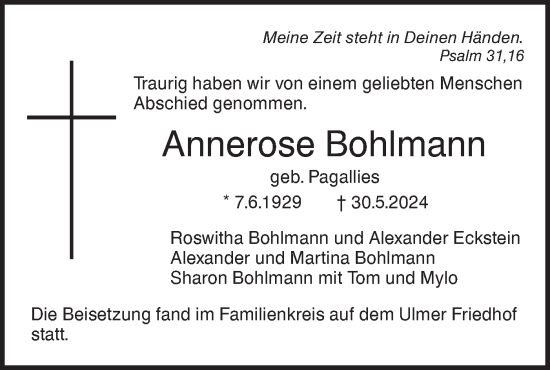 Traueranzeige von Annerose Bohlmann von SÜDWEST PRESSE Ausgabe Ulm/Neu-Ulm