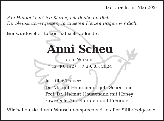 Traueranzeige von Anni Scheu von Alb-Bote/Metzinger-Uracher Volksblatt