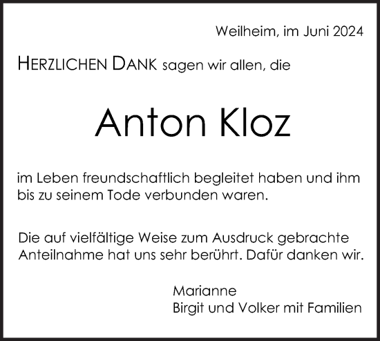 Traueranzeige von Anton Kloz von SÜDWEST PRESSE Zollernalbkreis/Hohenzollerische Zeitung