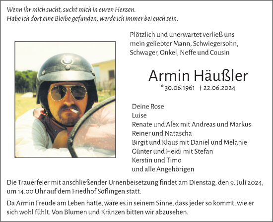 Traueranzeige von Armin Häußler von SÜDWEST PRESSE Ausgabe Ulm/Neu-Ulm