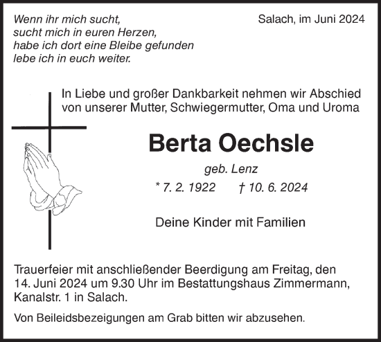 Traueranzeige von Berta Oechsle von NWZ Neue Württembergische Zeitung