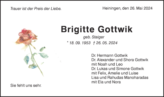 Traueranzeige von Brigitte Gottwik von NWZ Neue Württembergische Zeitung