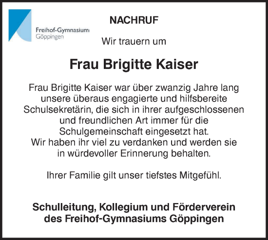 Traueranzeige von Brigitte Kaiser von NWZ Neue Württembergische Zeitung