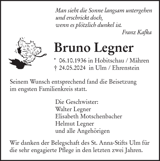 Traueranzeige von Bruno Legner von SÜDWEST PRESSE Ausgabe Ulm/Neu-Ulm