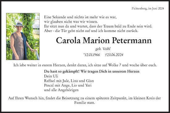Traueranzeige von Carola Marion Petermann von Rundschau Gaildorf