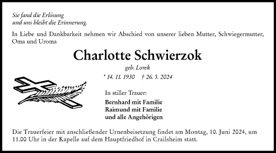 Traueranzeige von Charlotte Schwierzok von Hohenloher Tagblatt