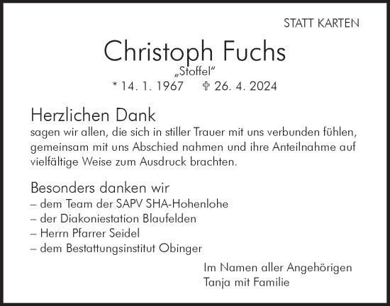 Traueranzeige von Christoph Fuchs von Hohenloher Tagblatt