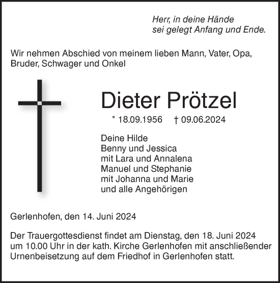 Traueranzeige von Dieter Prötzel von SÜDWEST PRESSE Ausgabe Ulm/Neu-Ulm/Neu-Ulmer Zeitung