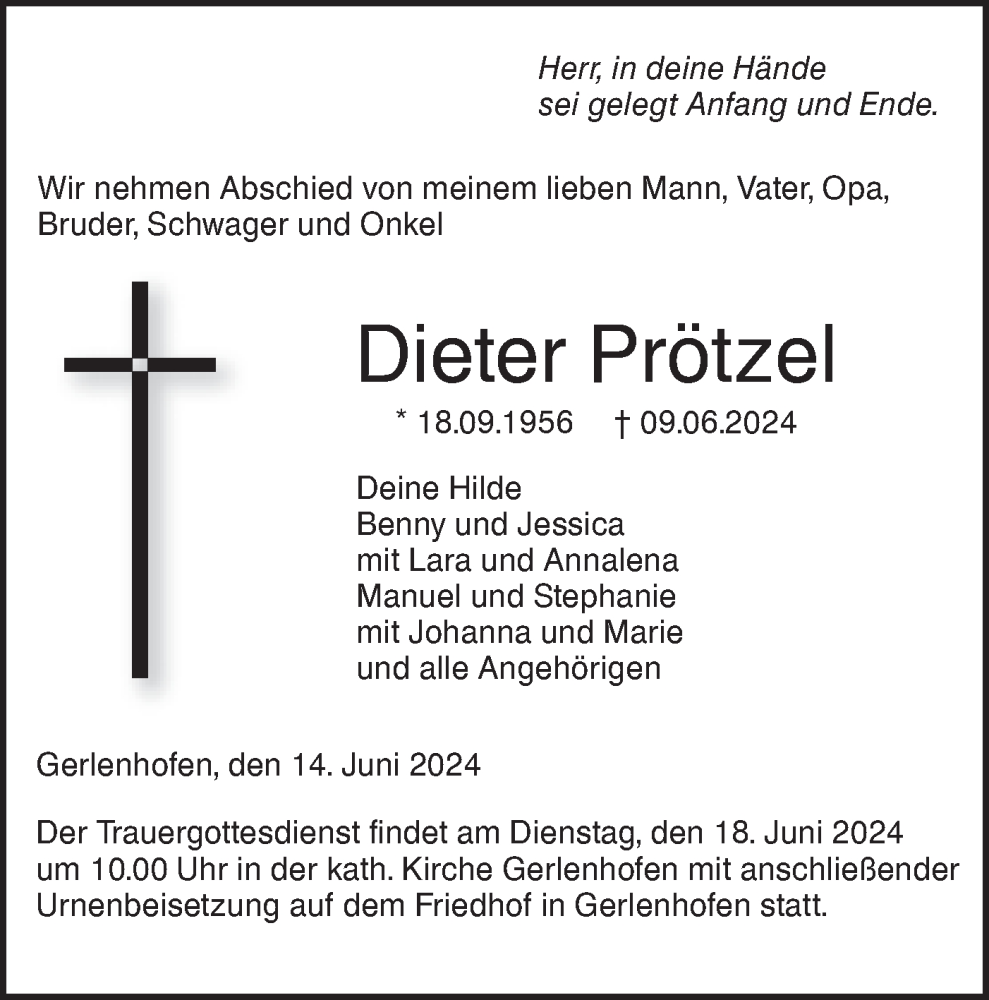  Traueranzeige für Dieter Prötzel vom 14.06.2024 aus SÜDWEST PRESSE Ausgabe Ulm/Neu-Ulm/Neu-Ulmer Zeitung