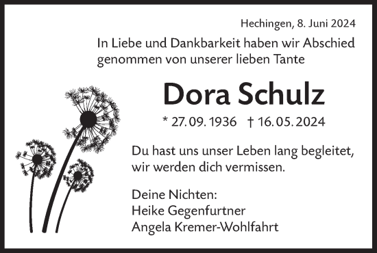 Traueranzeige von Dora Schulz von SÜDWEST PRESSE Zollernalbkreis/Hohenzollerische Zeitung