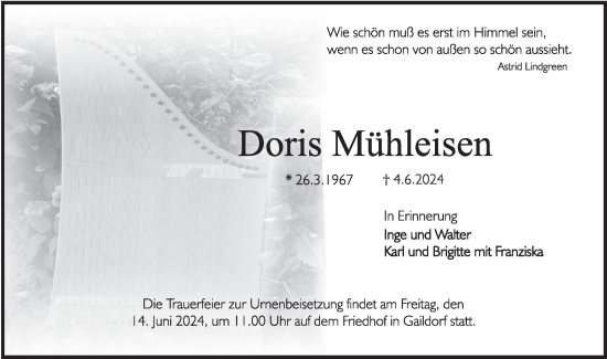 Traueranzeige von Doris Mühleisen von Rundschau Gaildorf