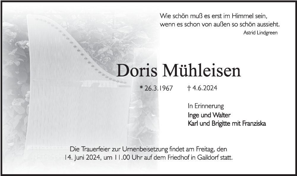  Traueranzeige für Doris Mühleisen vom 12.06.2024 aus Rundschau Gaildorf