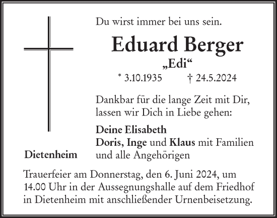 Traueranzeige von Eduard Berger von SÜDWEST PRESSE Ausgabe Ulm/Neu-Ulm