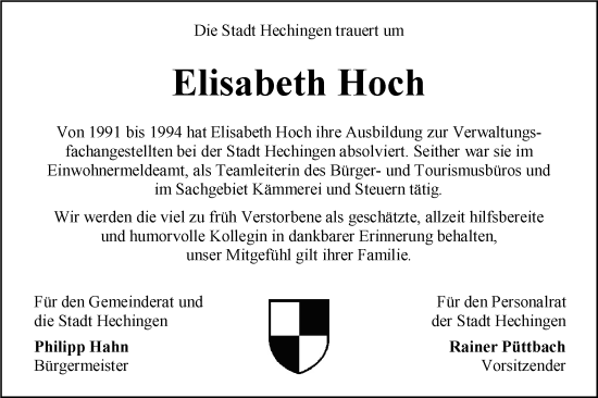 Traueranzeige von Elisabeth Hoch von SÜDWEST PRESSE Zollernalbkreis/Hohenzollerische Zeitung