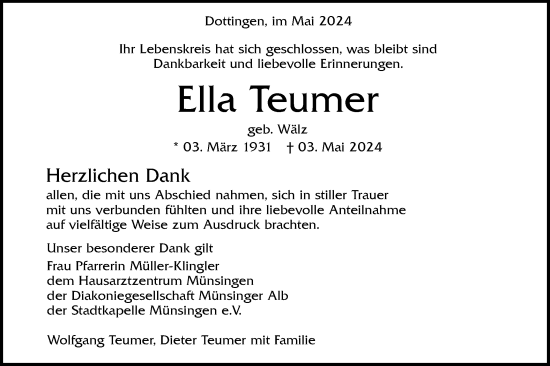 Traueranzeige von Ella Teumer von Alb-Bote/Metzinger-Uracher Volksblatt