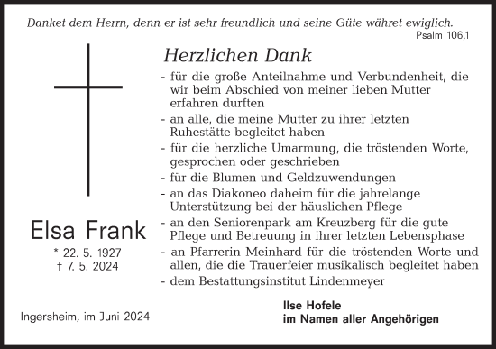 Traueranzeige von Elsa Frank von Hohenloher Tagblatt