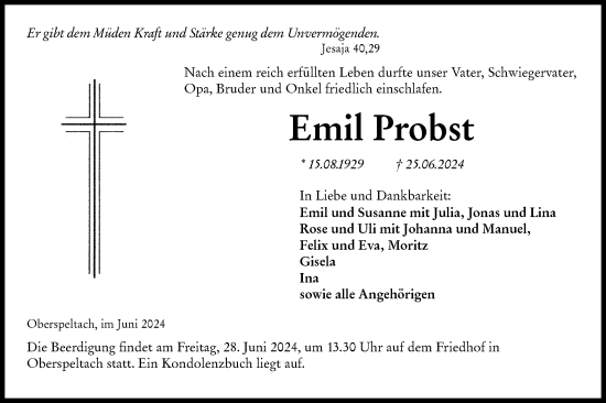 Traueranzeige von Emil Probst von Hohenloher Tagblatt