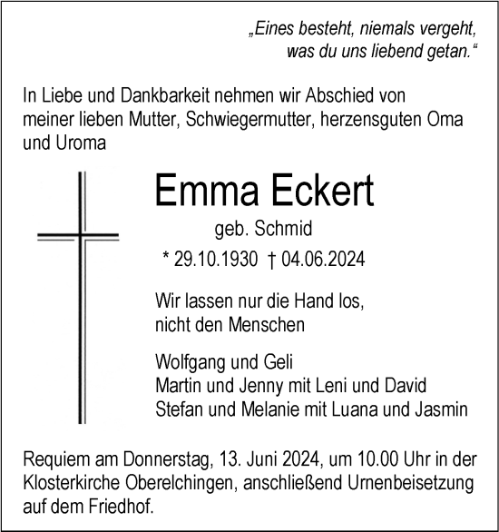 Traueranzeige von Emma Eckert von SÜDWEST PRESSE Ausgabe Ulm/Neu-Ulm
