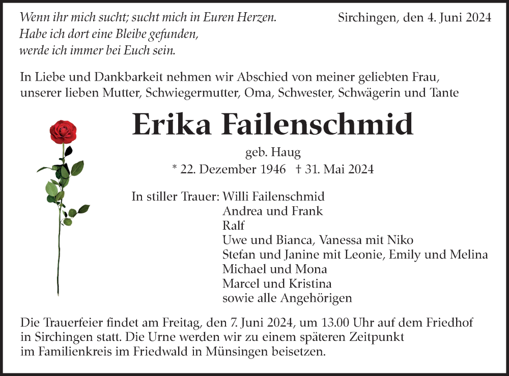  Traueranzeige für Erika Failenschmid vom 04.06.2024 aus Alb-Bote/Metzinger-Uracher Volksblatt