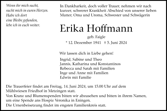 Traueranzeige von Erika Hoffmann von Alb-Bote/Metzinger-Uracher Volksblatt