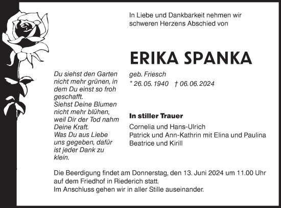 Traueranzeige von Erika Spanka von Alb-Bote/Metzinger-Uracher Volksblatt
