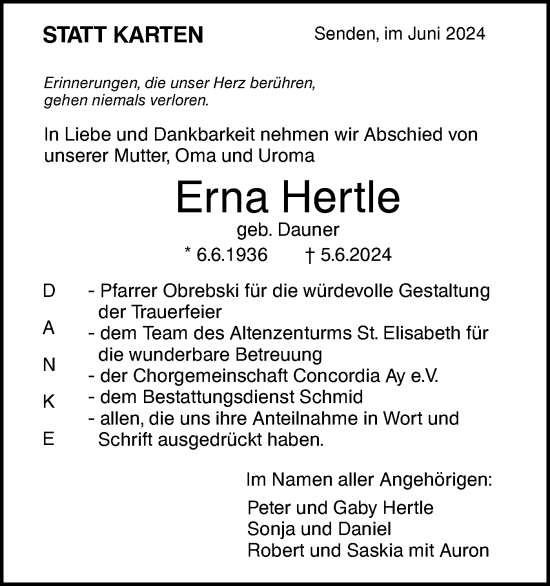 Traueranzeige von Erna Hertle von SÜDWEST PRESSE Ausgabe Ulm/Neu-Ulm/Neu-Ulmer Zeitung