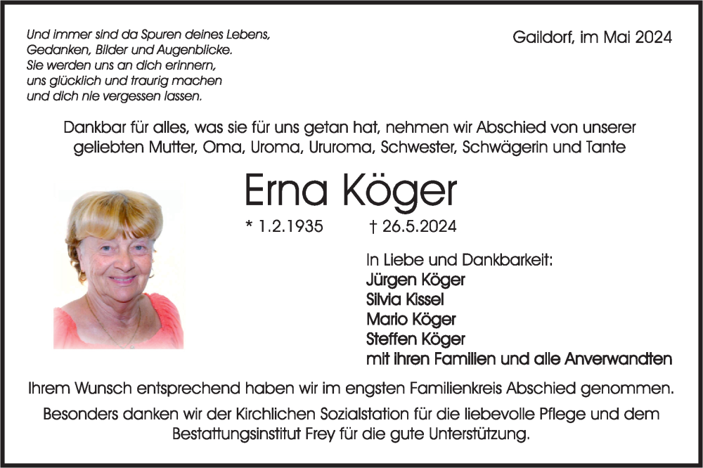  Traueranzeige für Erna Köger vom 10.06.2024 aus Rundschau Gaildorf