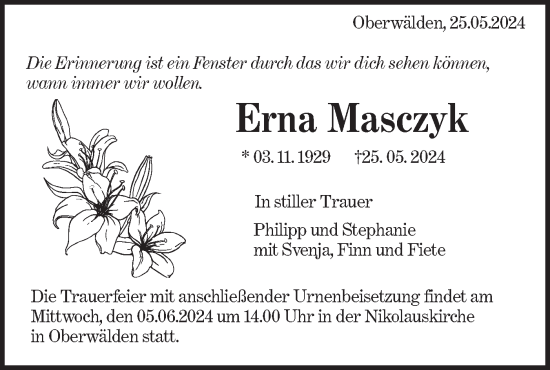 Traueranzeige von Erna Masczyk von NWZ Neue Württembergische Zeitung