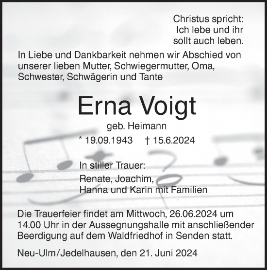Traueranzeige von Erna Voigt von SÜDWEST PRESSE Ausgabe Ulm/Neu-Ulm