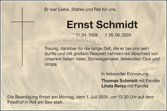 Traueranzeige von Ernst Schmidt von Hohenloher Tagblatt