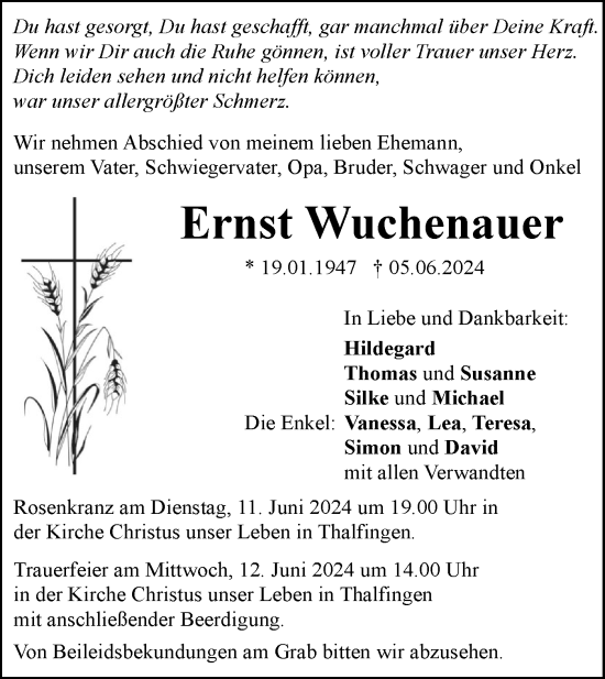 Traueranzeige von Ernst Wuchenauer von SÜDWEST PRESSE Ausgabe Ulm/Neu-Ulm