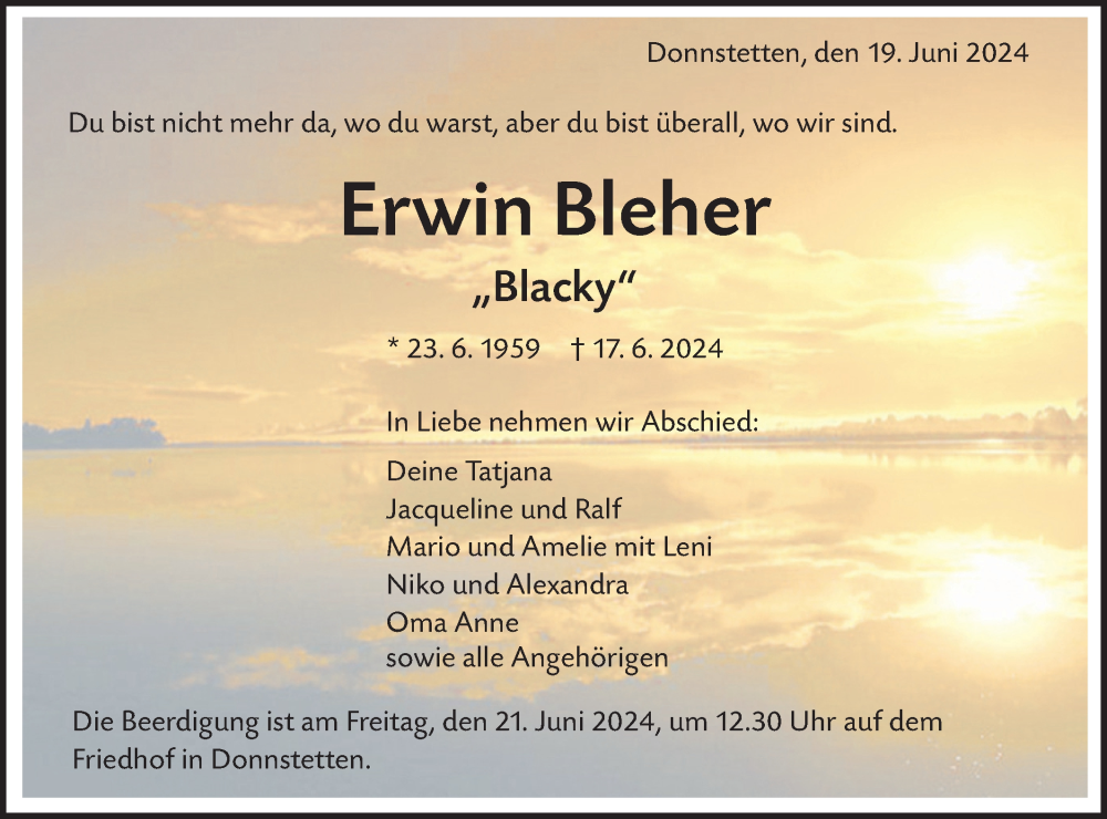  Traueranzeige für Erwin Bleher vom 19.06.2024 aus Alb-Bote/Metzinger-Uracher Volksblatt