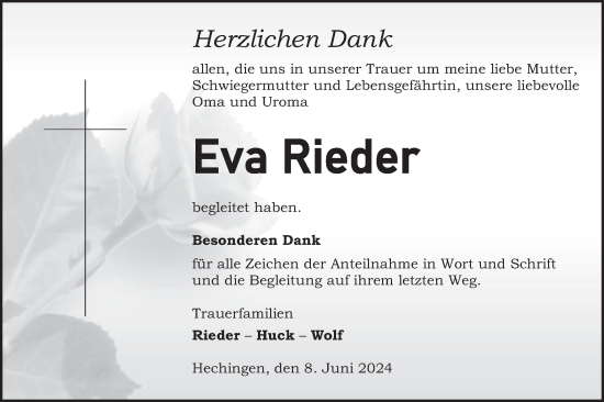 Traueranzeige von Eva Rieder von SÜDWEST PRESSE Zollernalbkreis/Hohenzollerische Zeitung