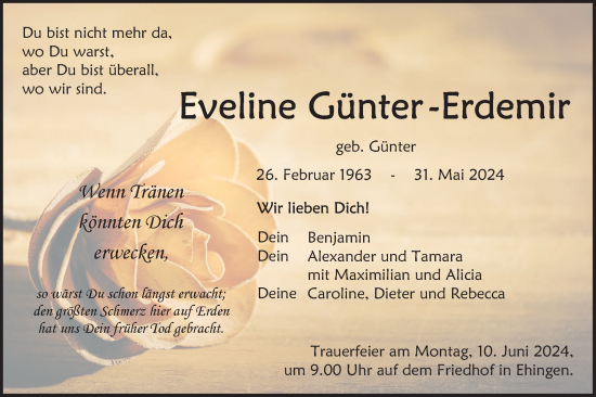 Traueranzeige von Eveline Günter-Erdemir von Ehinger Tagblatt