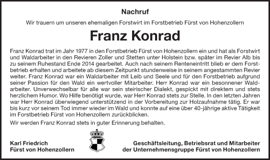 Traueranzeige von Franz Konrad von SÜDWEST PRESSE Zollernalbkreis/Hohenzollerische Zeitung