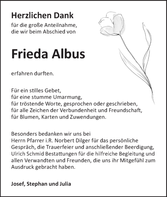 Traueranzeige von Frieda Albus von SÜDWEST PRESSE Zollernalbkreis/Hohenzollerische Zeitung