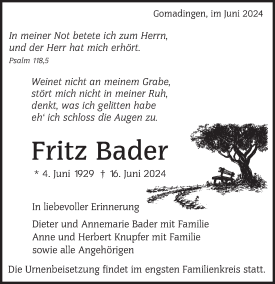 Traueranzeige von Fritz Bader von Alb-Bote/Metzinger-Uracher Volksblatt