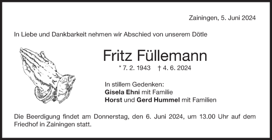 Traueranzeige von Fritz Füllemann von Alb-Bote/Metzinger-Uracher Volksblatt