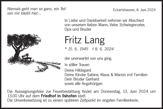 Traueranzeige von Fritz Lang von Hohenloher Tagblatt