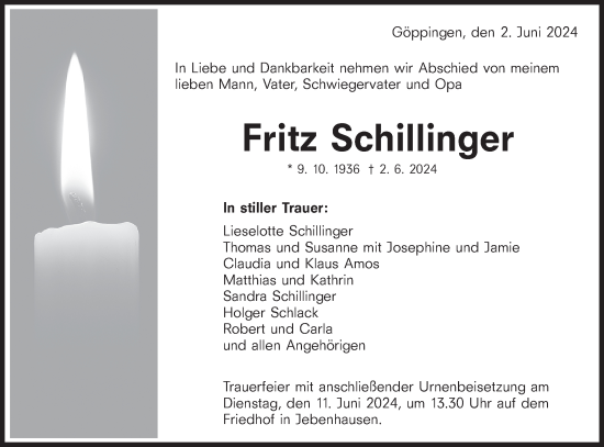 Traueranzeige von Fritz Schillinger von NWZ Neue Württembergische Zeitung