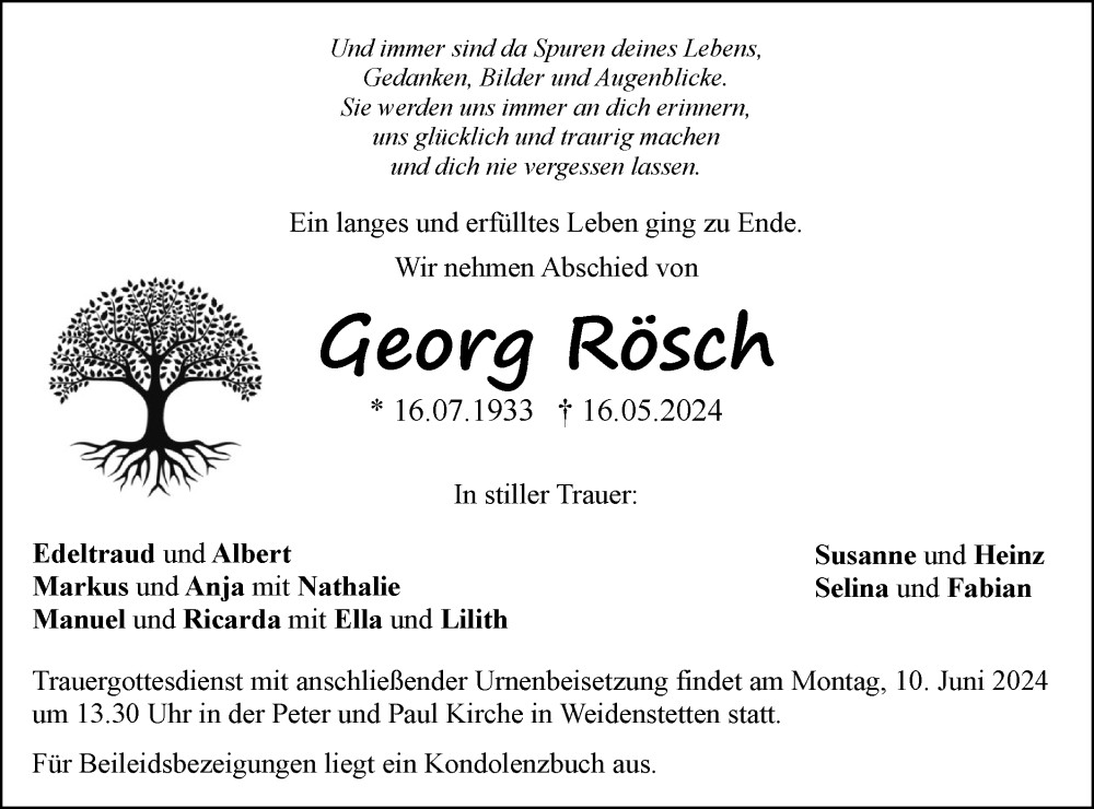  Traueranzeige für Georg Rösch vom 05.06.2024 aus SÜDWEST PRESSE Ausgabe Ulm/Neu-Ulm