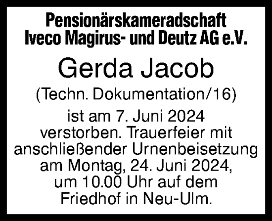 Traueranzeige von Gerda Jacob von SÜDWEST PRESSE Ausgabe Ulm/Neu-Ulm