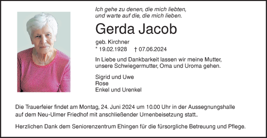 Traueranzeige von Gerda Jacob von SÜDWEST PRESSE Ausgabe Ulm/Neu-Ulm