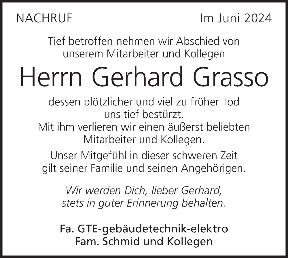  Traueranzeige für Gerhard Grasso vom 08.06.2024 aus Geislinger Zeitung