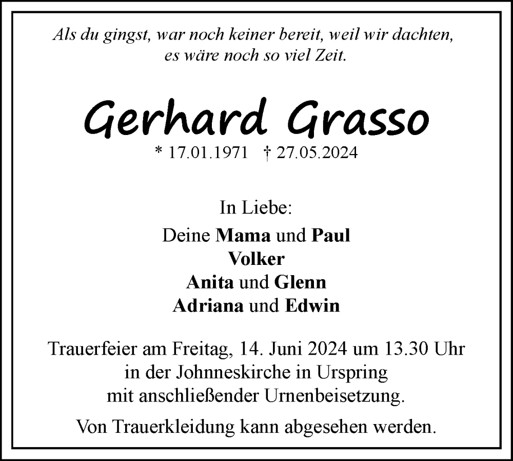  Traueranzeige für Gerhard Grasso vom 08.06.2024 aus Geislinger Zeitung