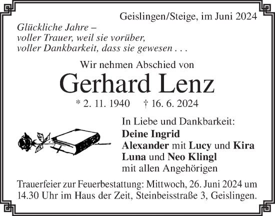 Traueranzeige von Gerhard Lenz von Geislinger Zeitung