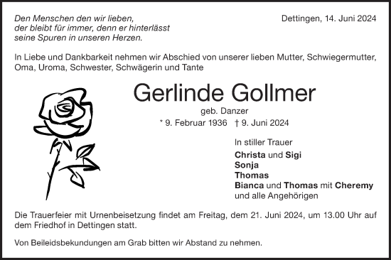 Traueranzeige von Gerlinde Gollmer von Alb-Bote/Metzinger-Uracher Volksblatt